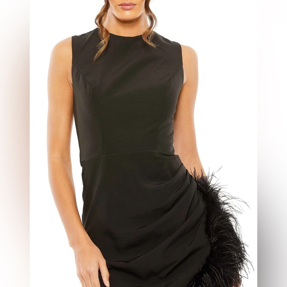 Mac Duggal 11626 Sleeveless Faux Wrap Dress With Feather Detail NWT Black - Picture 2 of 5
